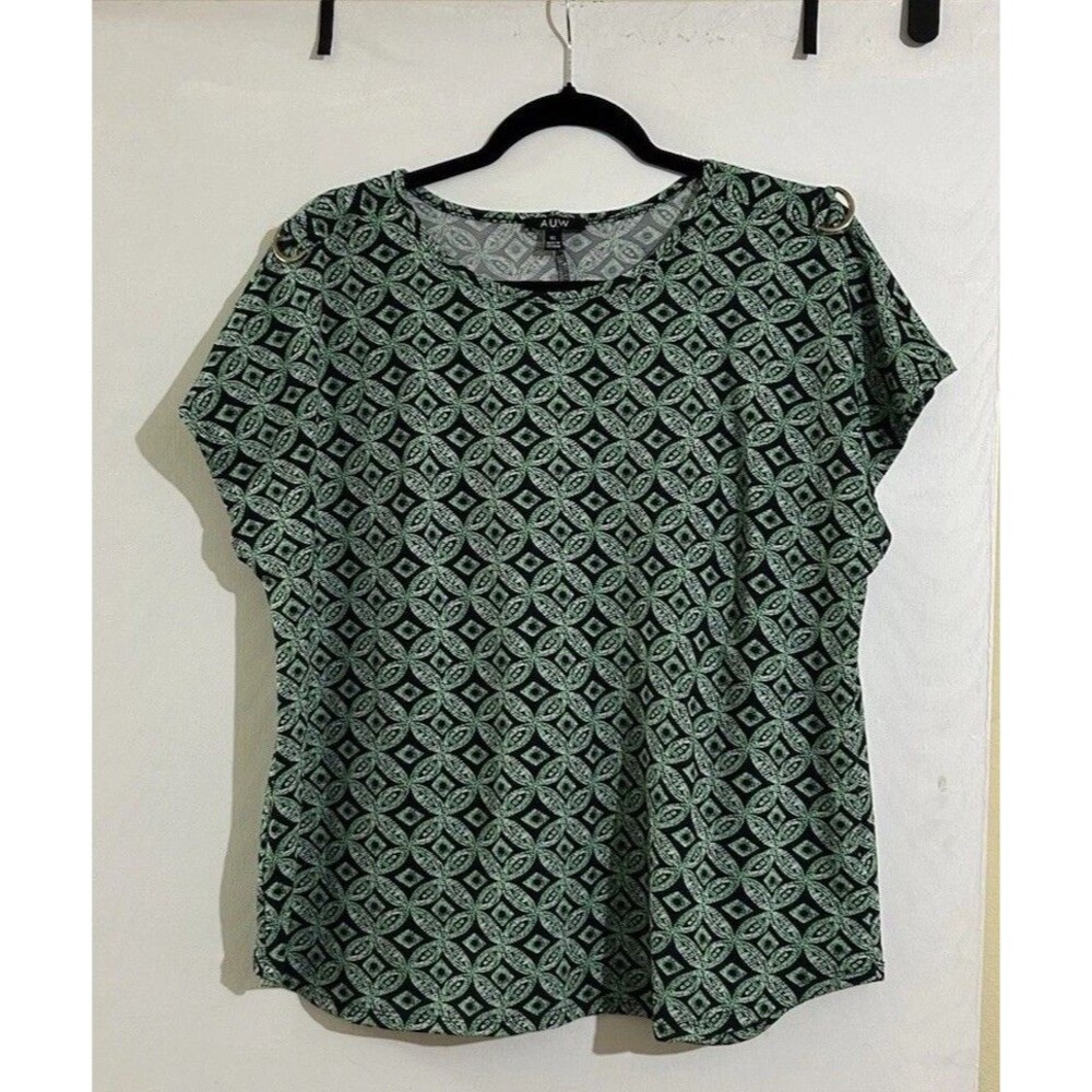 A.U.W Women’s XL Green/Navy Geometric Preppy Modern Adjustable Sleeve Top